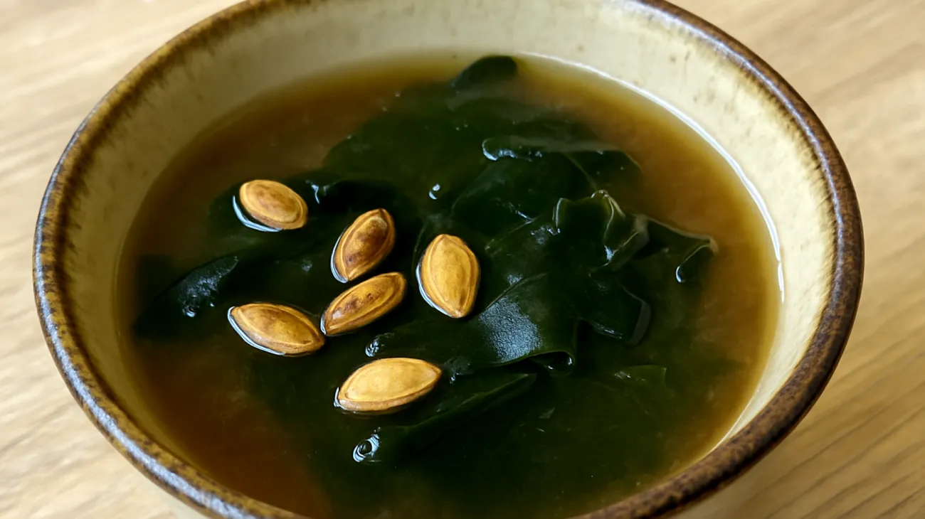 Miso-Suppe mit Wakame-Algen und gerösteten Kürbiskernen"